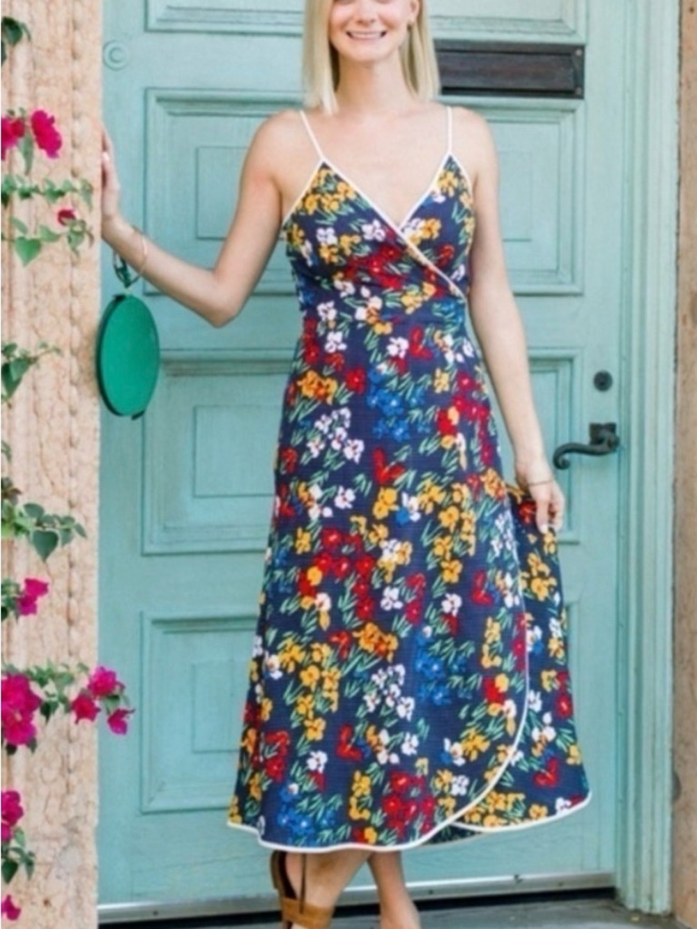 TORY BURCH Blue Floral Grotto Wrap Dress US 4